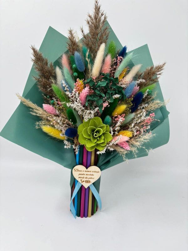 Buchet flori cadre didactice, aranjament cu flori uscate și creioane, verde – DSPH508001 - imagine 7