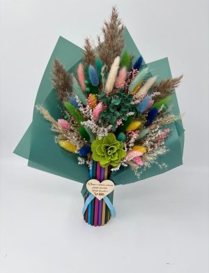 Buchet flori cadre didactice, aranjament cu flori uscate și creioane, verde – DSPH508001