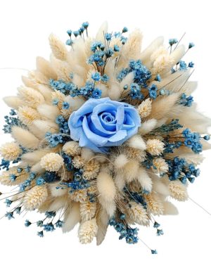 Buchet mireasă/nașă din flori uscate și un trandafir criogenat, albastru-crem, diam. 20cm – FEIS509002