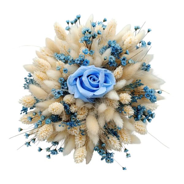 Buchet mireasă/nașă din flori uscate și un trandafir criogenat, albastru-crem, diam. 20cm - FEIS509002
