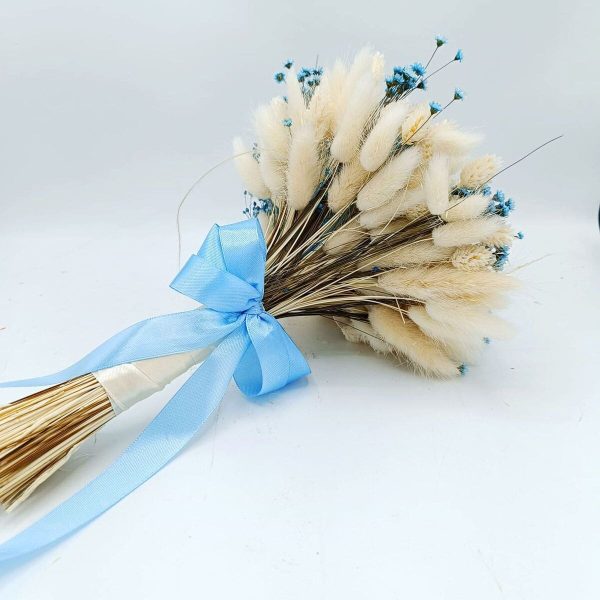 Buchet mireasă/nașă din flori uscate și un trandafir criogenat, albastru-crem, diam. 20cm - FEIS509002 - imagine 3