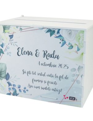 Cutie dar nunta, din lemn vopsit alb, Personalizat, model cale și frunze, 27x20x21cm – ILIF508031