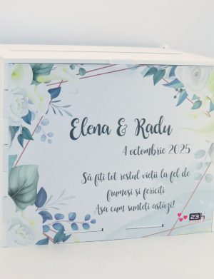 Cutie dar nunta, din lemn vopsit alb, Personalizat, model cale și frunze, 27x20x21cm – ILIF508031
