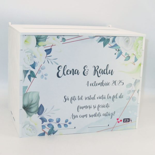 Cutie dar nunta, din lemn vopsit alb, Personalizat, model cale și frunze, 27x20x21cm - ILIF508031 - imagine 5