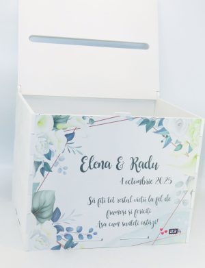 Cutie dar nunta, din lemn vopsit alb, Personalizat, model cale și frunze, 27x20x21cm – ILIF508031
