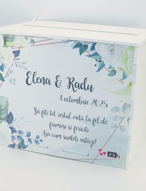 Cutie dar nunta, din lemn vopsit alb, Personalizat, model cale și frunze, 27x20x21cm – ILIF508031