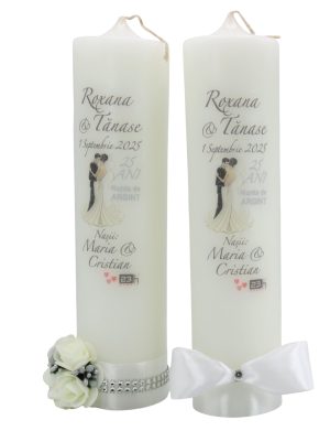 Lumânare Nuntă Argint - aniversare 25 ani, personalizată, cu flori de spumă/papion - ILIF508029
