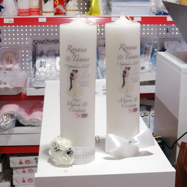 Lumânare Nuntă Argint - aniversare 25 ani, personalizată, cu flori de spumă/papion - ILIF508029 - imagine 7