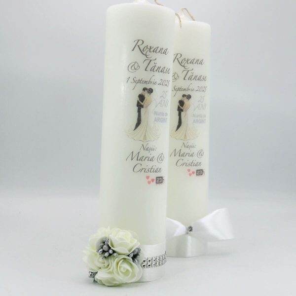 Lumânare Nuntă Argint - aniversare 25 ani, personalizată, cu flori de spumă/papion - ILIF508029 - imagine 6