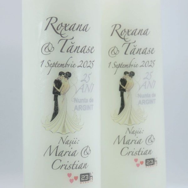 Lumânare Nuntă Argint - aniversare 25 ani, personalizată, cu flori de spumă/papion - ILIF508029 - imagine 2