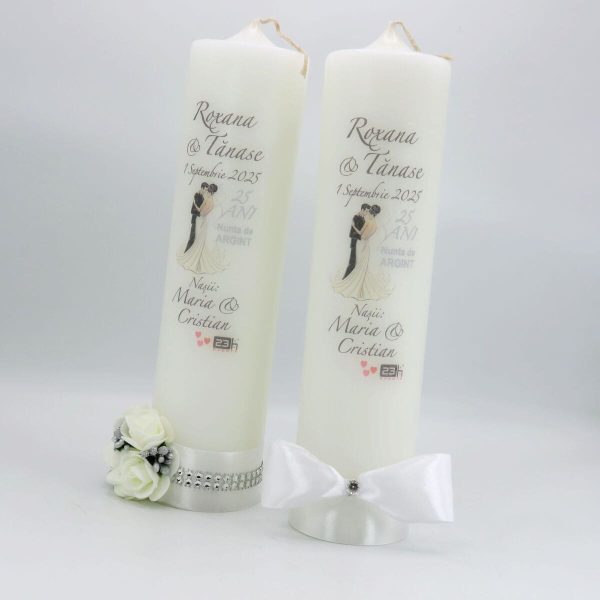 Lumânare Nuntă Argint - aniversare 25 ani, personalizată, cu flori de spumă/papion - ILIF508029 - imagine 5