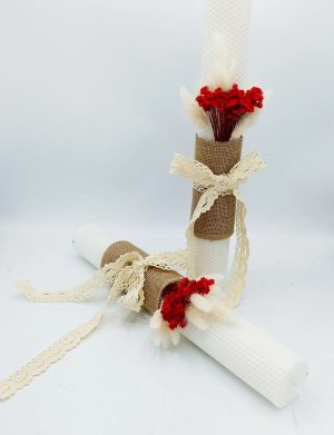 Lumânare Nuntă / Botez, din ceară naturală decorată cu flori uscate, alb-roșu – FEIS509003