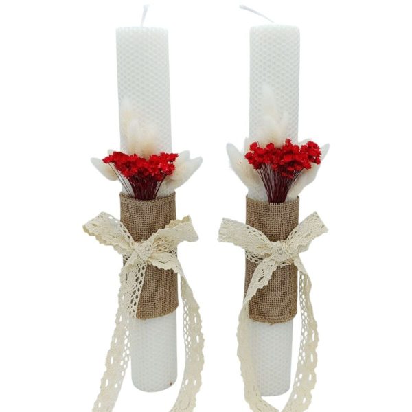 Lumânare Nuntă / Botez, din ceară naturală decorată cu flori uscate, alb-roșu - FEIS509003