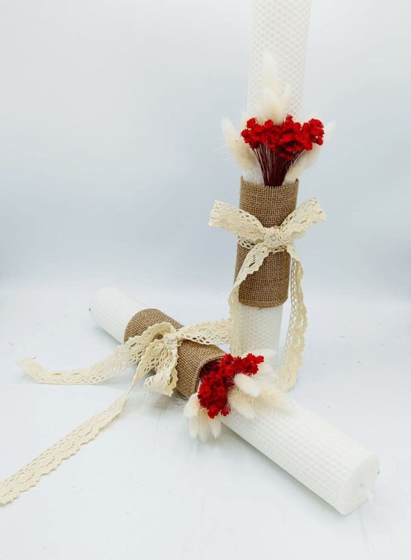 Lumânare Nuntă / Botez, din ceară naturală decorată cu flori uscate, alb-roșu - FEIS509003 - imagine 2