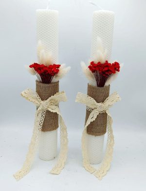 Lumânare Nuntă / Botez, din ceară naturală decorată cu flori uscate, alb-roșu – FEIS509003