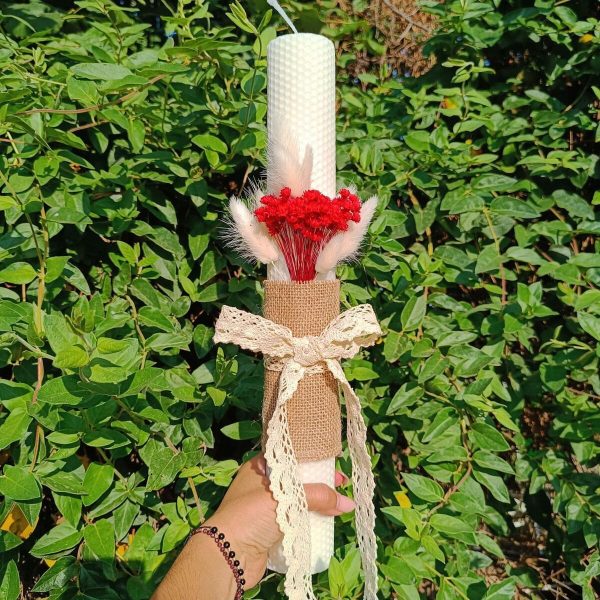 Lumânare Nuntă / Botez, din ceară naturală decorată cu flori uscate, alb-roșu - FEIS509003 - imagine 6