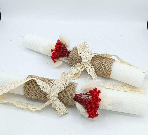 Lumânare Nuntă / Botez, din ceară naturală decorată cu flori uscate, alb-roșu - FEIS509003 - imagine 4