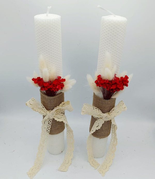 Lumânare Nuntă / Botez, din ceară naturală decorată cu flori uscate, alb-roșu - FEIS509003 - imagine 9