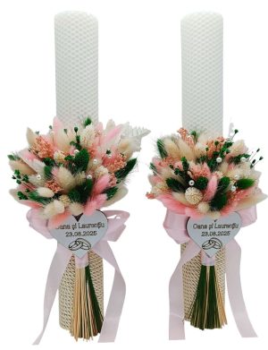 Lumânare Nuntă din ceară naturală decorată cu flori uscate, model personalizat - FEIS508001