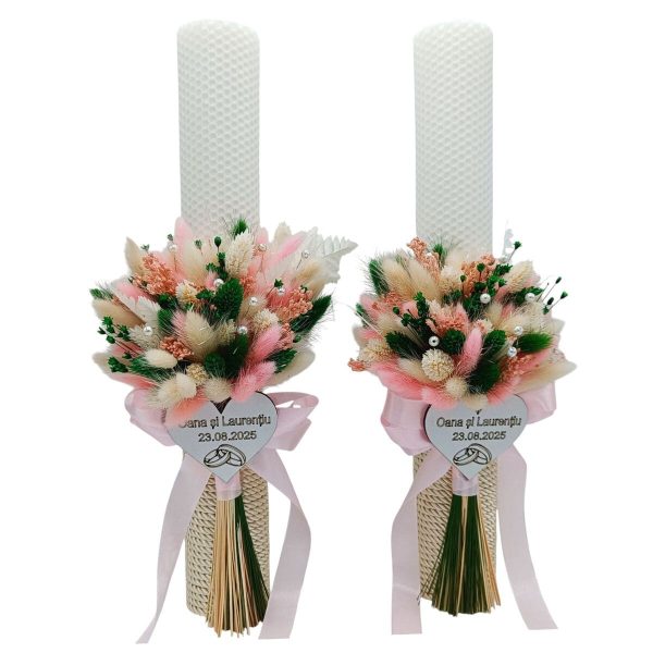 Lumânare Nuntă din ceară naturală decorată cu flori uscate, model personalizat - FEIS508001