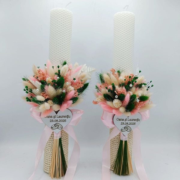 Lumânare Nuntă din ceară naturală decorată cu flori uscate, model personalizat - FEIS508001 - imagine 8