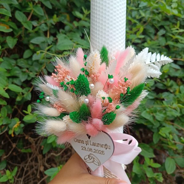 Lumânare Nuntă din ceară naturală decorată cu flori uscate, model personalizat - FEIS508001 - imagine 6