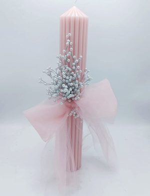 Lumânare Nuntă sau Botez, model canelat roz pudră cu decor handmade din mărgele – FEIS508006