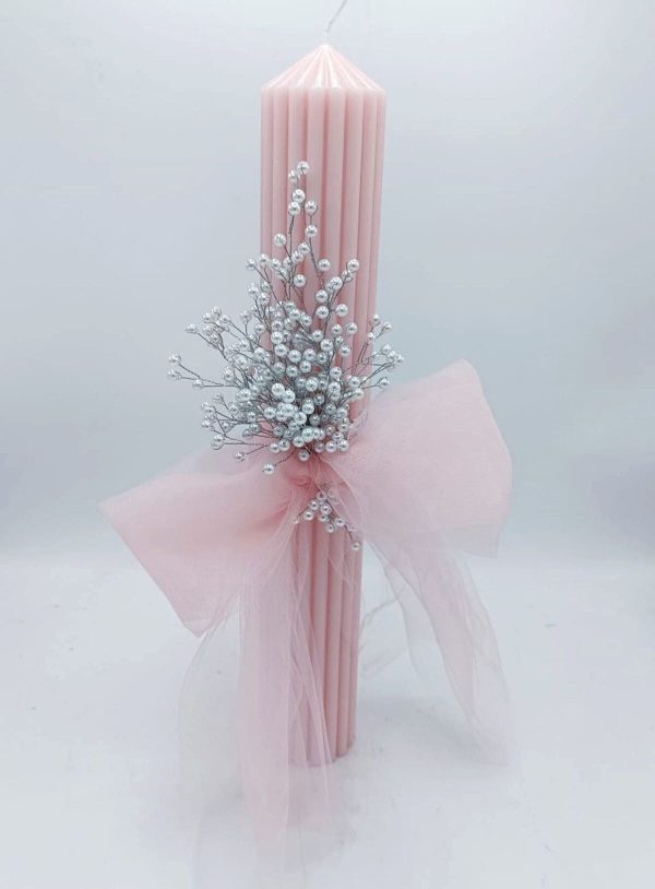 Lumânare Nuntă sau Botez, model canelat roz pudră cu decor handmade din mărgele - FEIS508006 - imagine 3
