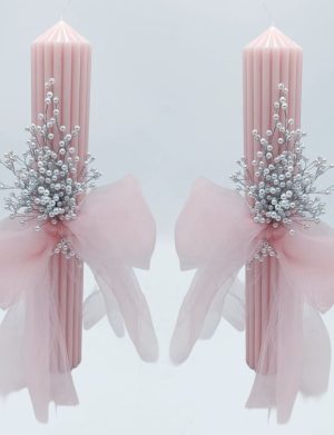 Lumânare Nuntă sau Botez, model canelat roz pudră cu decor handmade din mărgele – FEIS508006