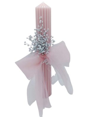 Lumânare Nuntă sau Botez, model canelat roz pudră cu decor handmade din mărgele – FEIS508006