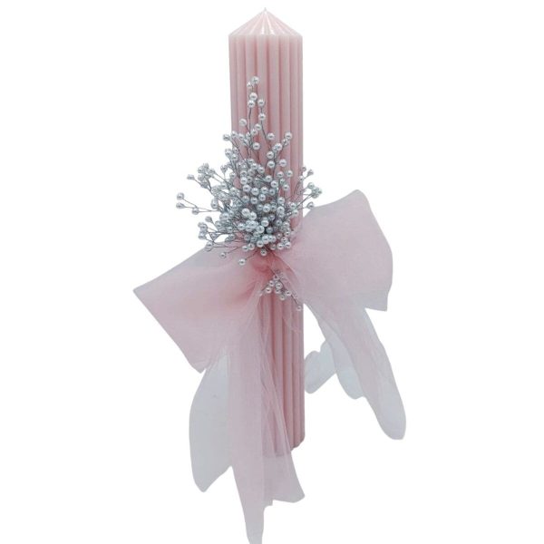 Lumânare Nuntă sau Botez, model canelat roz pudră cu decor handmade din mărgele - FEIS508006