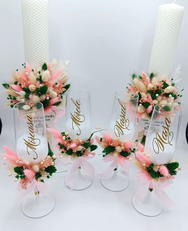 Set 4 pahare nuntă pentru miri & nași, model deosebit cu flori uscate - FEIS508002 - imagine 9
