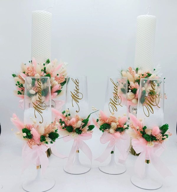 Set 4 pahare nuntă pentru miri & nași, model deosebit cu flori uscate - FEIS508002 - imagine 10