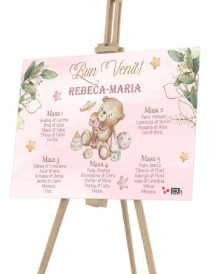 Panou Așezare la mese personalizat - Opis botez, Teddy Bear, dim. 90x60cm - ILIF508014