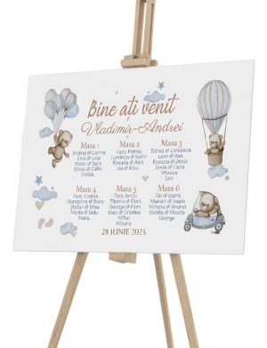 Panou Așezare la mese personalizat - Opis botez, Ursuleți pe pluș, dim. 90x60cm - ILIF508013
