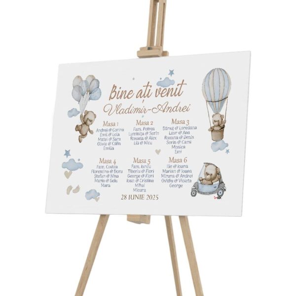 Panou Așezare la mese personalizat - Opis botez, Ursuleți pe pluș, dim. 90x60cm - ILIF508013