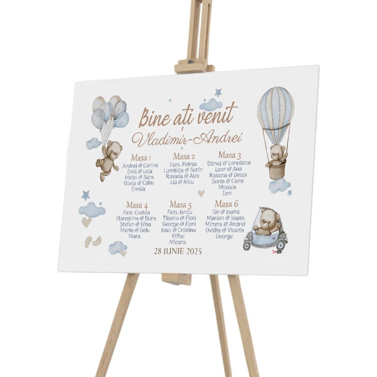 Panou Asezare la mese personalizat Opis botez Ursuleti pe plus dim. 90x60cm ILIF508013