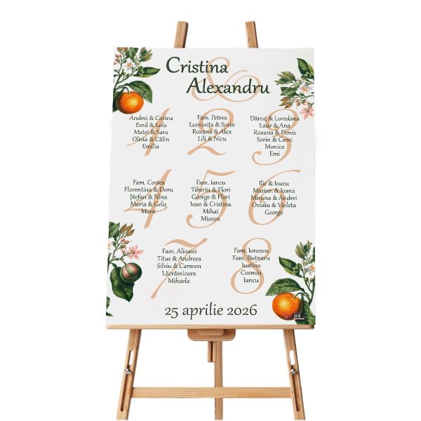 Panou Așezare la mese personalizat - Opis nuntă, Portocale, dim. 60x90 cm - ILIF508015