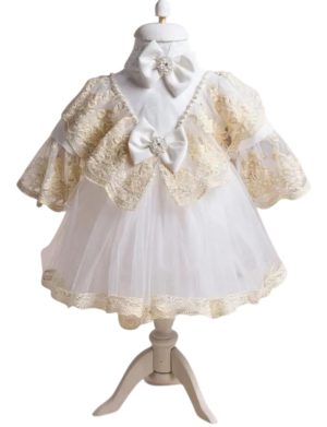 Rochiță botez fetiță +bentiță - culoare albă cu dantelă ivory - ILIF508032
