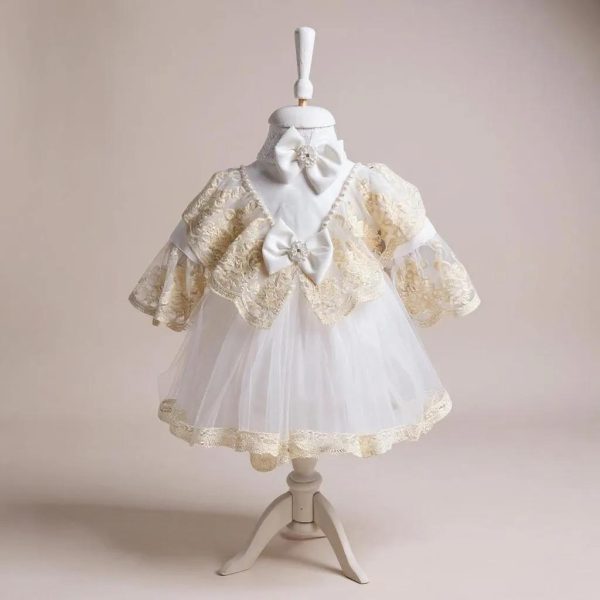 Rochiță botez fetiță +bentiță - culoare albă cu dantelă ivory - ILIF508032 - imagine 2
