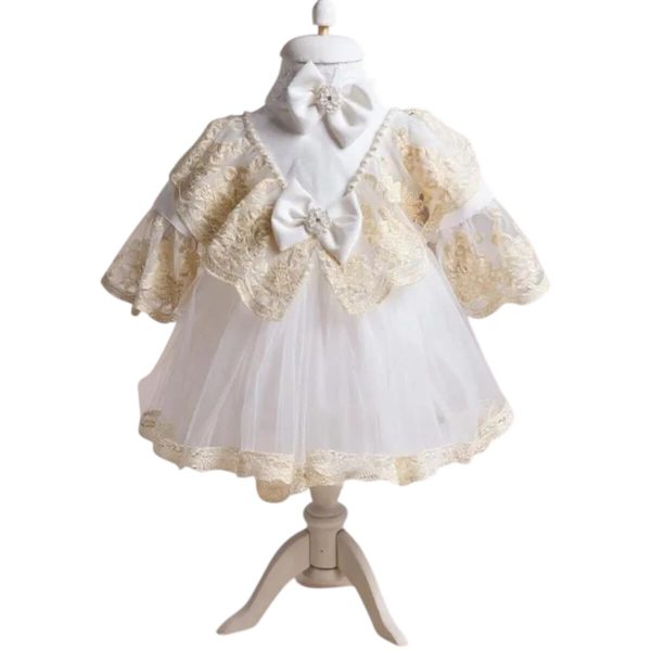 Rochiță botez fetiță +bentiță - culoare albă cu dantelă ivory - ILIF508032