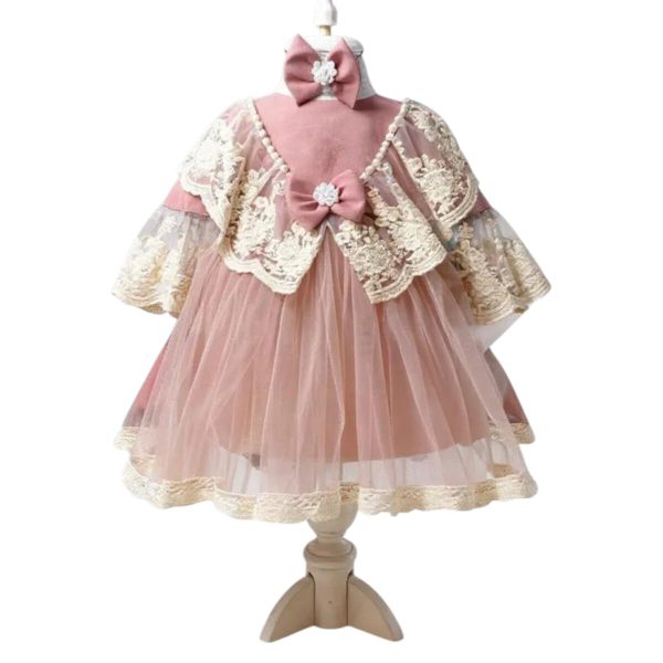 Rochiță botez fetiță +bentiță - culoare roz pudrat cu dantelă ivory - ILIF508033