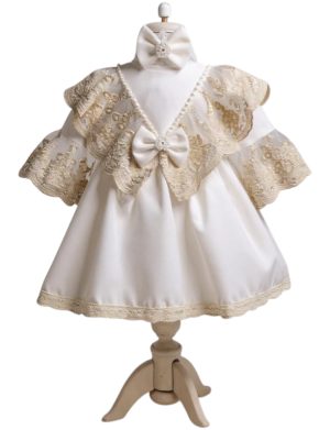 Rochiță botez fetiță +bentiță - tafta culoare albă cu dantelă ivory - ILIF508034