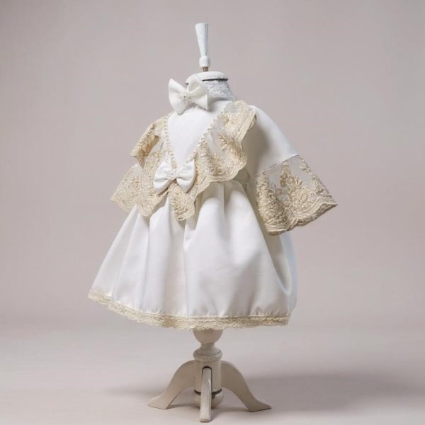 Rochiță botez fetiță +bentiță - tafta culoare albă cu dantelă ivory - ILIF508034 - imagine 3