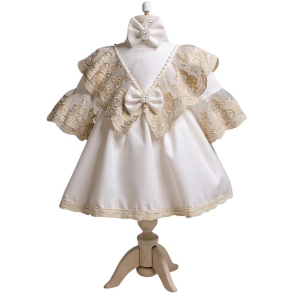 Rochiță botez fetiță +bentiță - tafta culoare albă cu dantelă ivory - ILIF508034