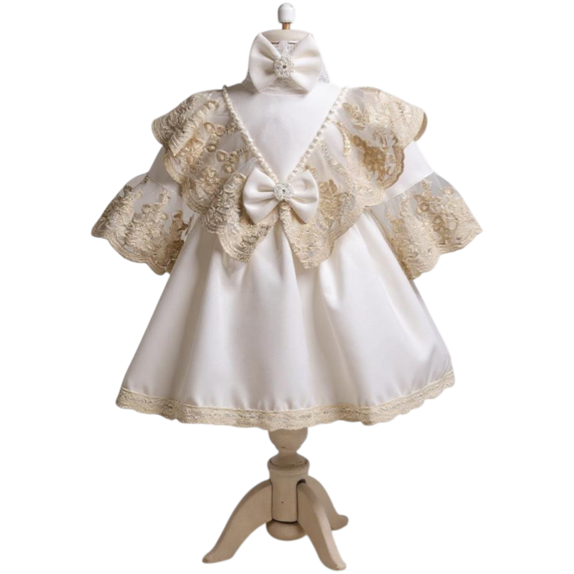 Rochita botez fetita bentita tafta culoare alba cu dantela ivory ILIF508034 1