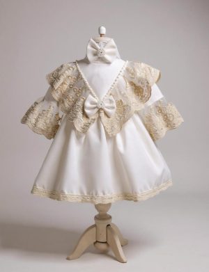 Rochiță botez fetiță +bentiță – tafta culoare albă cu dantelă ivory – ILIF508034