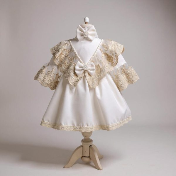 Rochiță botez fetiță +bentiță - tafta culoare albă cu dantelă ivory - ILIF508034 - imagine 2