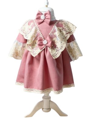 Rochiță botez fetiță +bentiță - tafta culoare roz pudrat cu dantelă ivory - ILIF508035