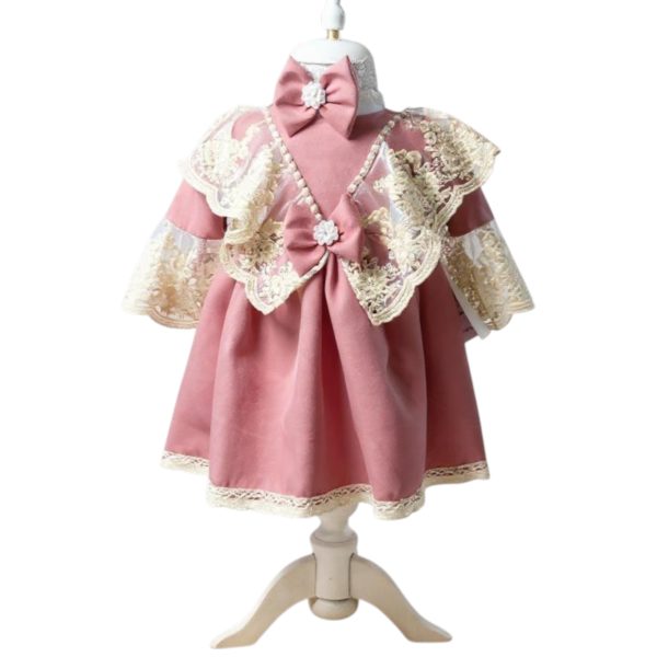 Rochiță botez fetiță +bentiță - tafta culoare roz pudrat cu dantelă ivory - ILIF508035
